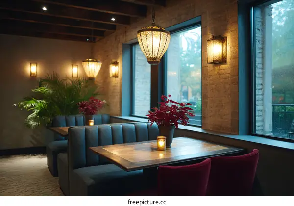 Stylish Restaurant Interior with Large Windows