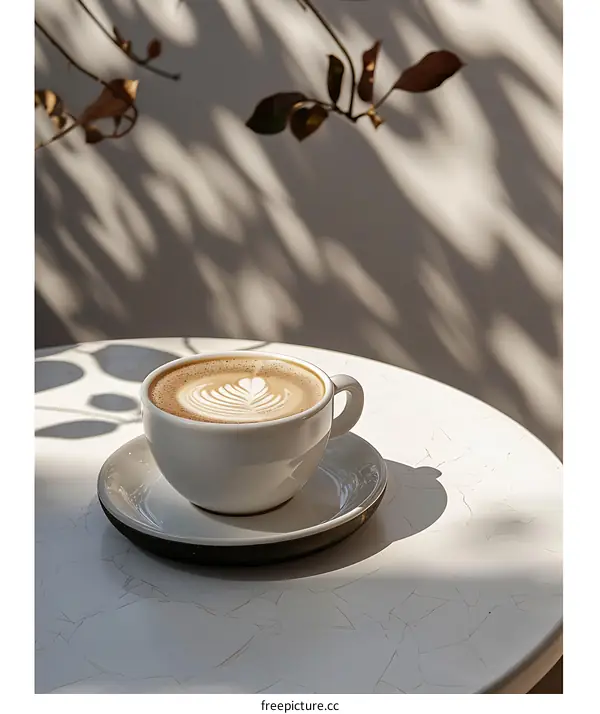 Coffee Cup on Table with Sunlight and Leaf Shadows