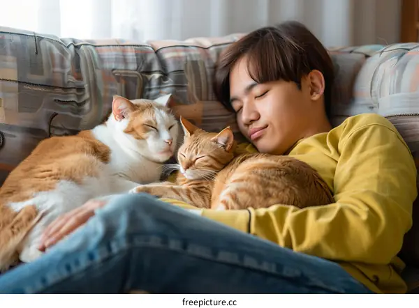 A young man is sleeping on the couch with two cats