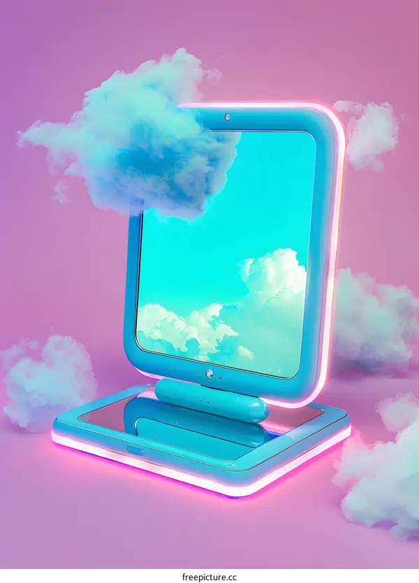 Blue Retro Laptop with Clouds and Neon Lights