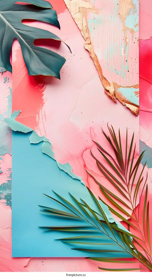Tropical Leaves on Pink and Blue Background with Gold Texture