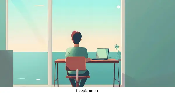 Man Working from Home Office with Laptop, Looking Out at the Sea