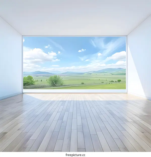 Modern Empty Room with View of Green Fields and Mountains