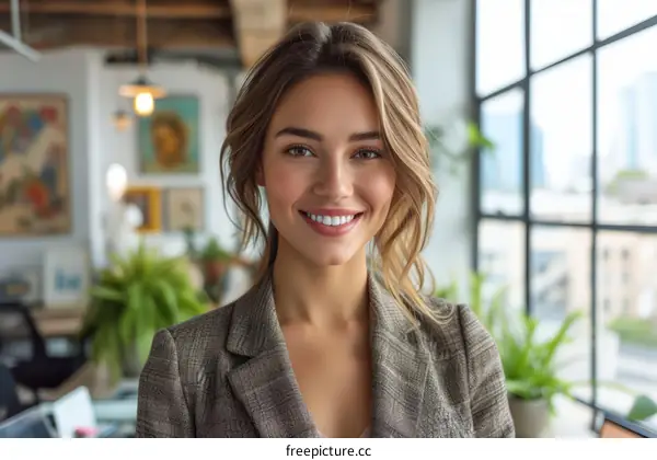 Portrait of a beautiful young woman smiling in a modern office