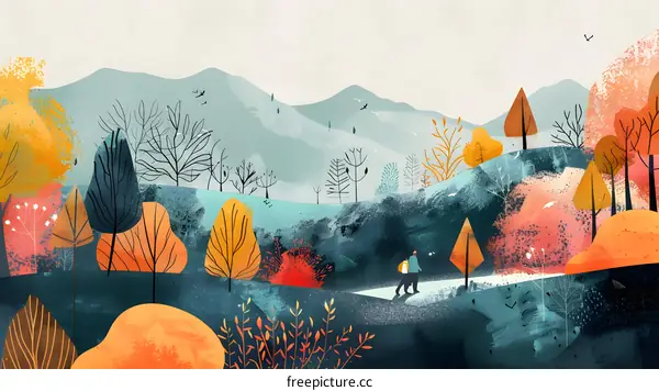 Autumn Landscape With Two People Walking Through the Forest