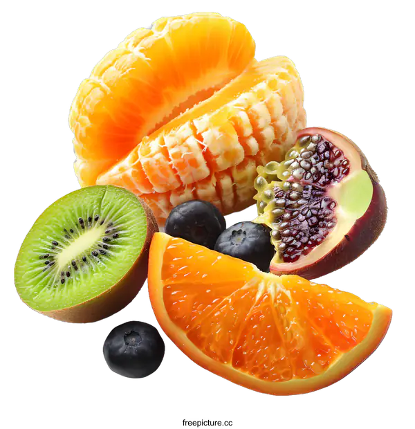 [Transparent Background PNG]Fresh Colorful Fruit Mix  - Kiwi, Orange, Passionfruit and Blueberries on White Background