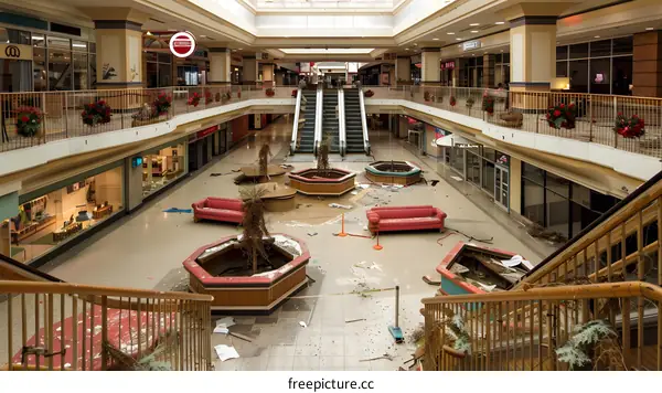 Abandoned Mall Interior with Damaged Interior and Escalators