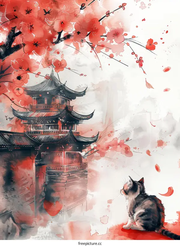 Kitten Gazing at a Pagoda Under Cherry Blossoms
