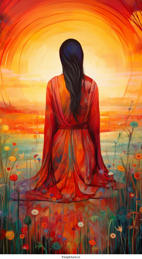 Woman in Red Dress Gazes at Sunset in Field of Flowers