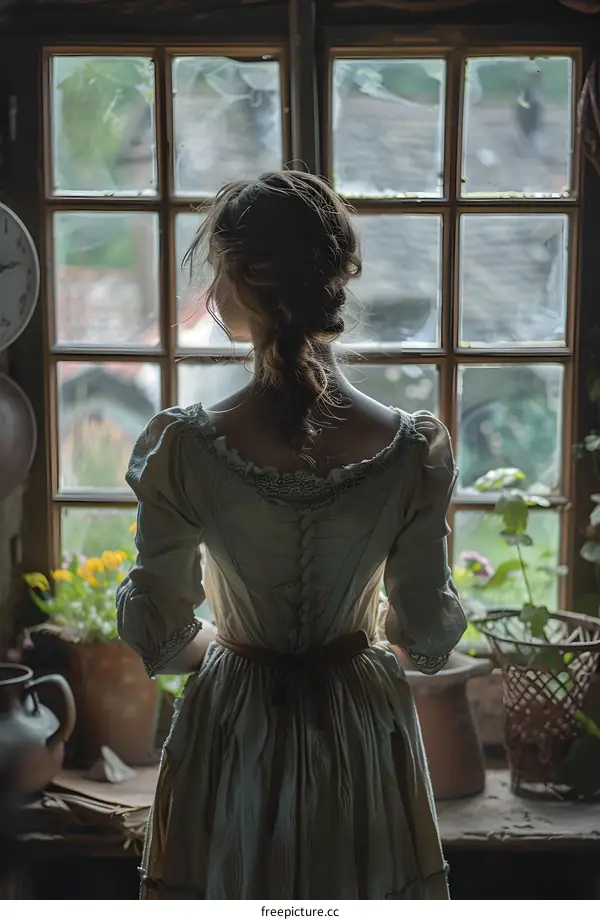 A woman standing in front of a window
