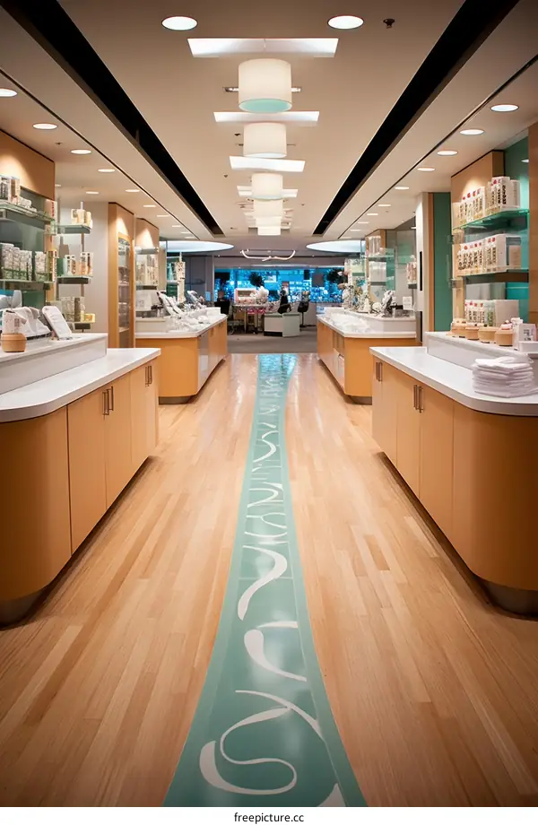 A long corridor with counters on both sides in a shop