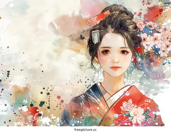 A beautiful Japanese woman in a red kimono with cherry blossoms