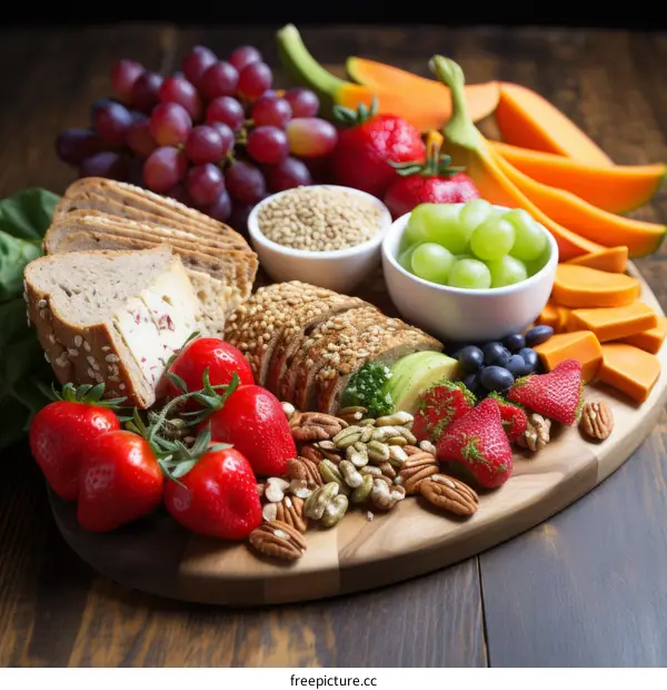 A wooden board full of fruits, vegetables, and bread
