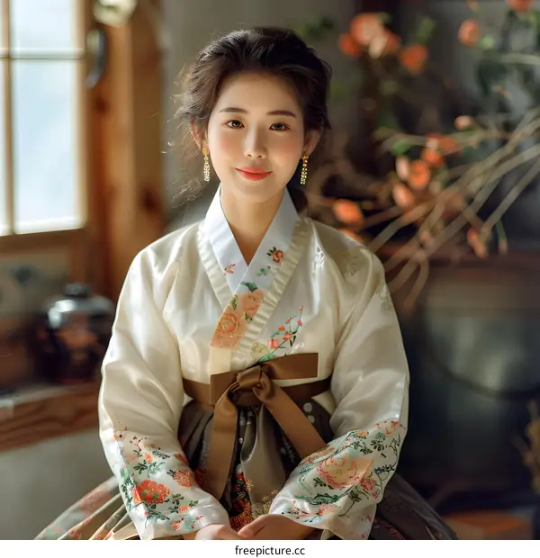 Portrait of a young Korean woman in traditional Korean dress, or Hanbok