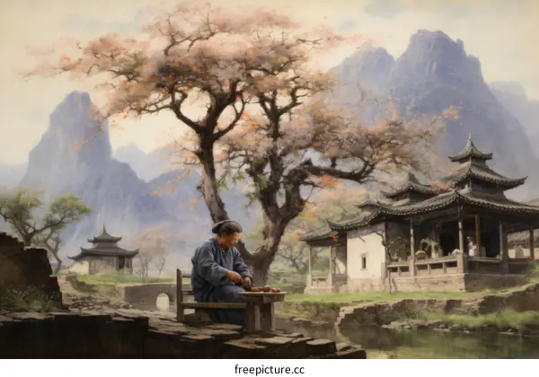 An old woman peeling bamboo shoots in a traditional chinese village