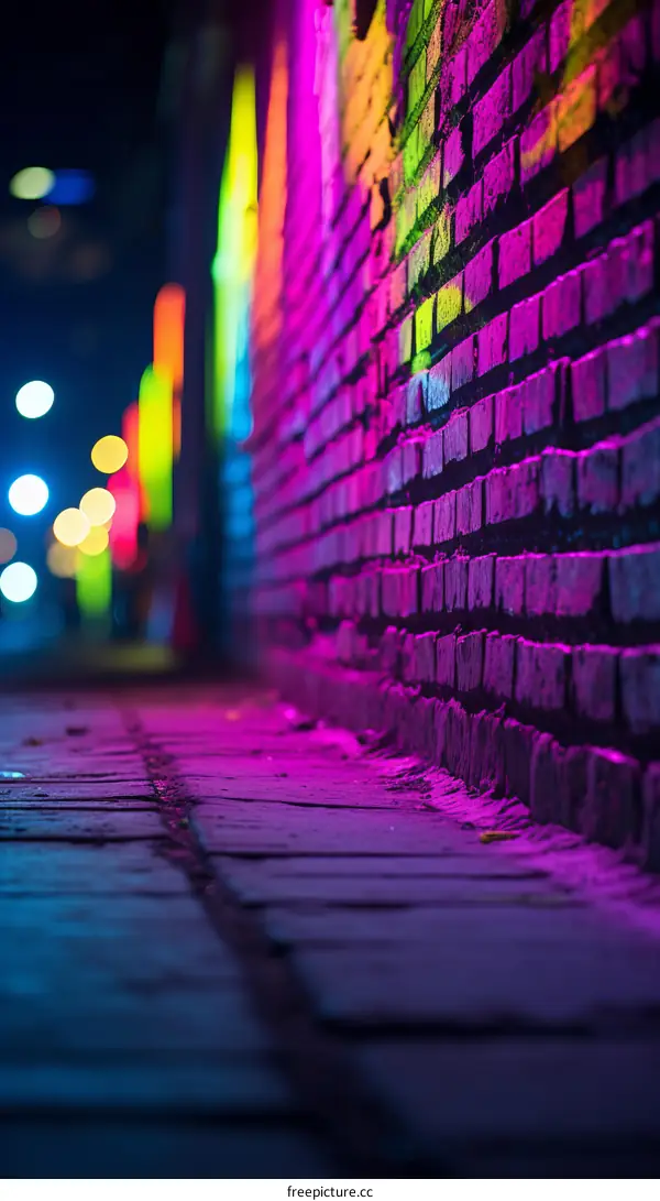 colorful light shines on brick wall at night
