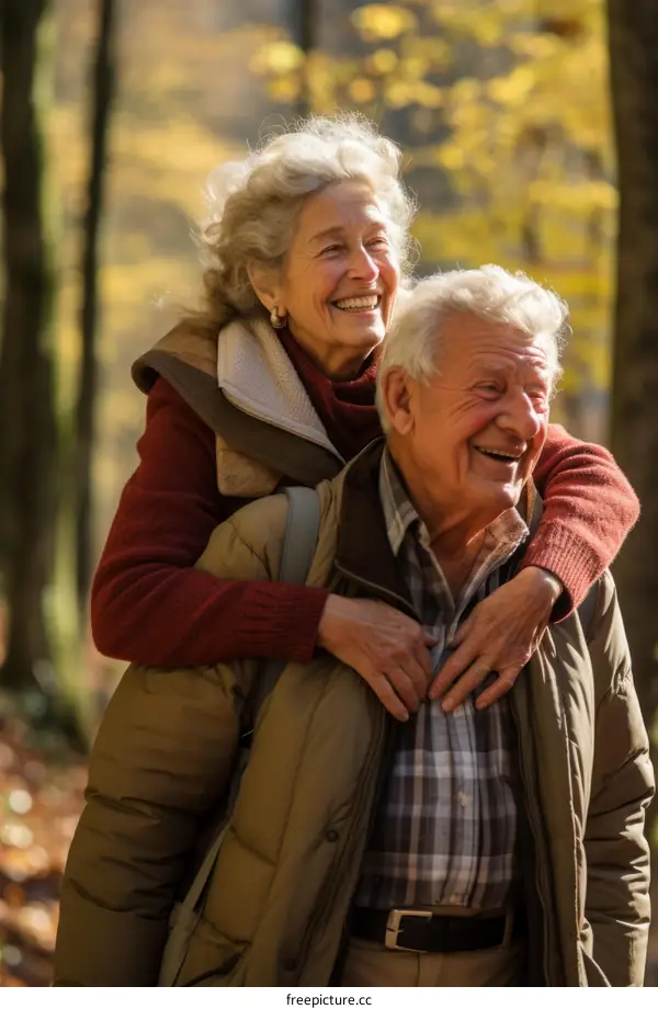 Happy elderly couple in the woods