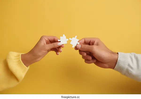Two Hands Holding Puzzle Pieces Against a Yellow Background