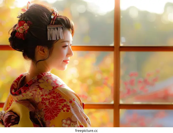 A Japanese woman wearing a kimono is sitting by the window