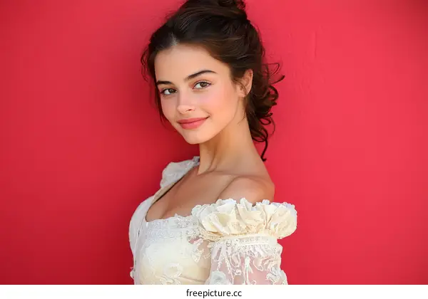 Portrait of a Beautiful Woman in Elegant Dress against a Red Wall