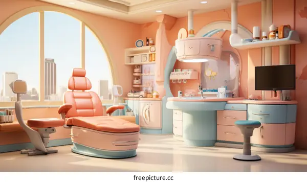 Dental clinic interior with pink and blue equipments