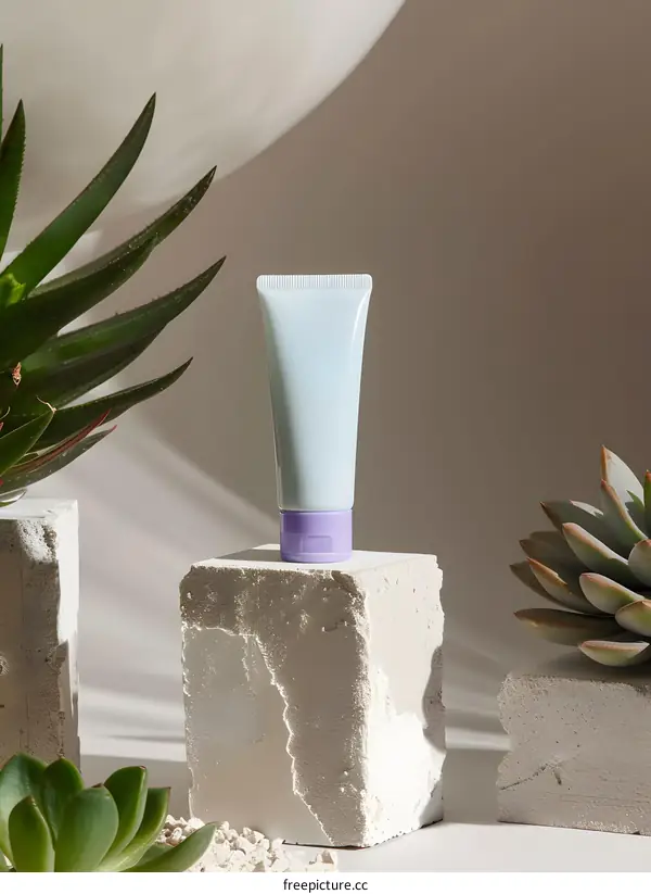 Close up of a blank white tube of cream on a podium with green plants