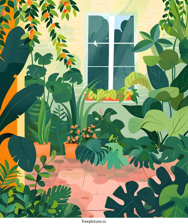 Tropical Plants in a Garden with a Window