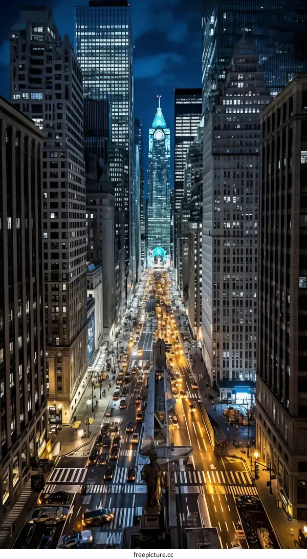 New York City street with skyscrapers at night