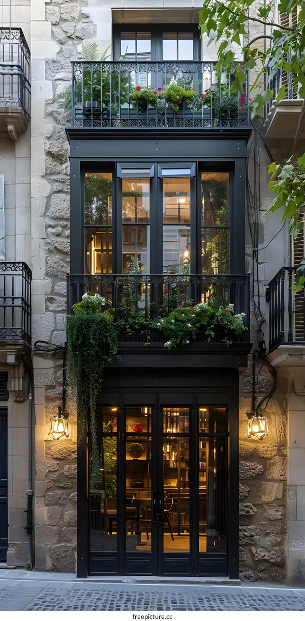 European-style retro building with black framed windows and doors and a plant-filled balcony