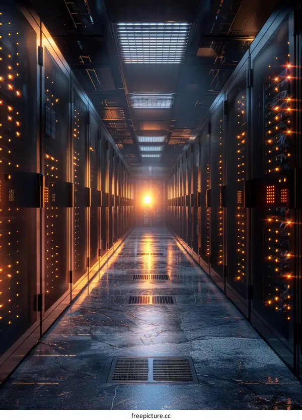 Futuristic server room with bright lights illuminating the aisle