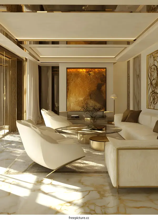 Luxury Living Room Interior Design with Beige and Gold Decor