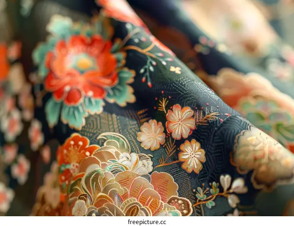 Close-up of a colorful floral pattern on a dark green background