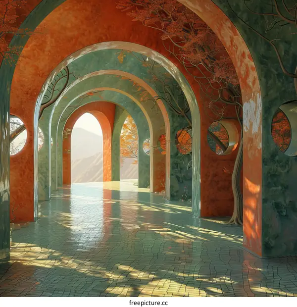 Vibrant Hallway with Colorful Arches and Tiled Floor