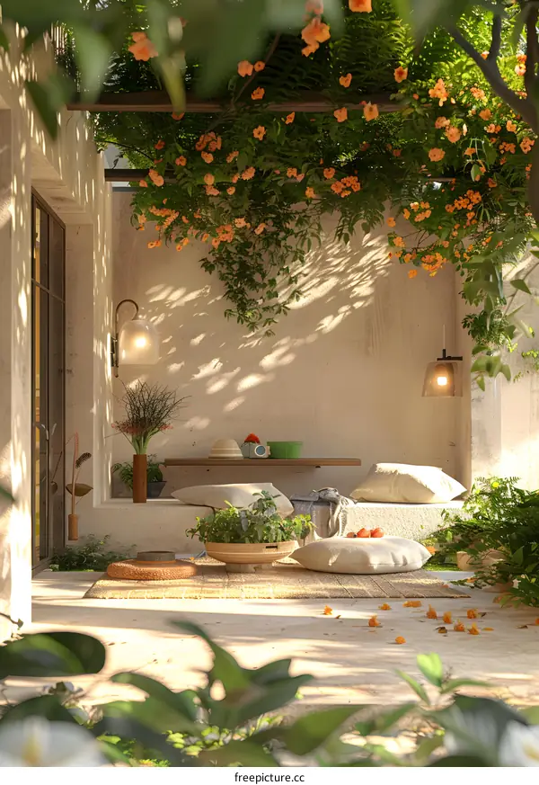A cozy outdoor seating area with a beautiful orange flower pergola