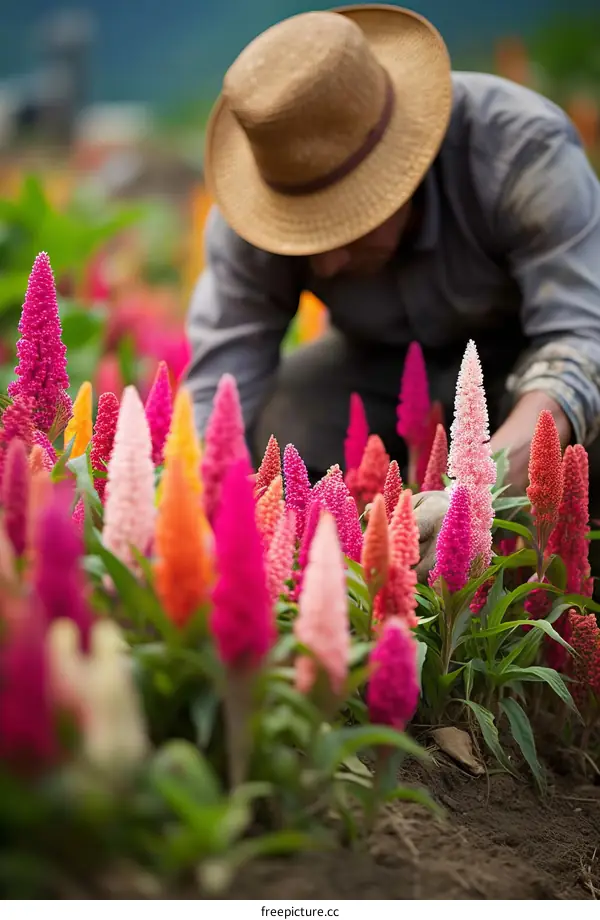 A farmer wearing a straw hat is working in a field of colorful celosia flowers.