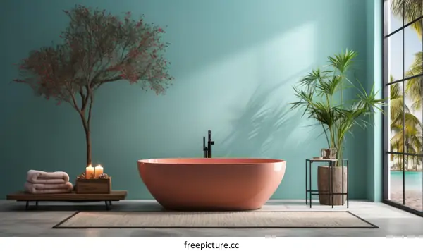 Pink Freestanding Bathtub in Lush Tropical Room