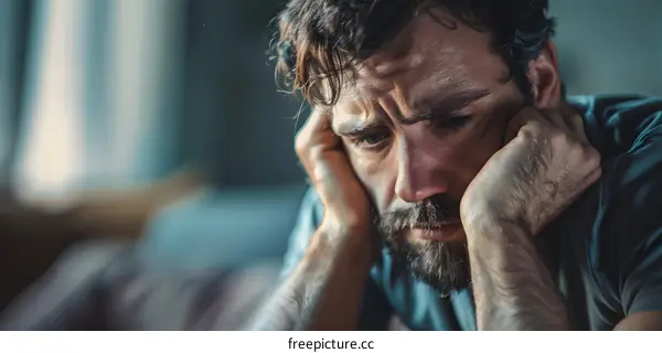 A man is sitting on a bed and holding his head in his hands. He looks very sad.