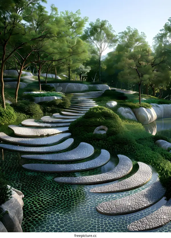 A beautiful garden with a stone path and a pond