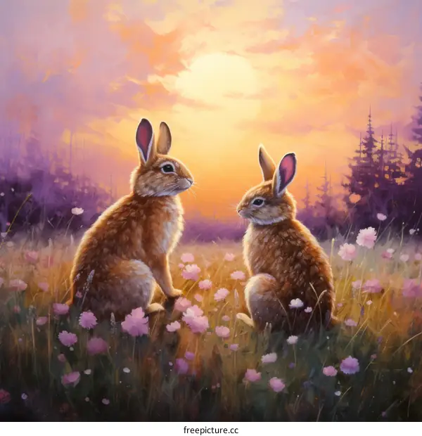 Rabbits in a Sunset Meadow