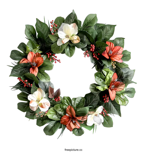 [Transparent Background PNG]Green Leaves and Flowers Wreath