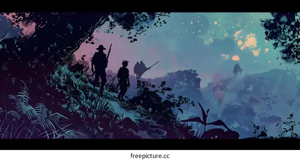 Silhouettes of People Walking Through the Forest at Dusk