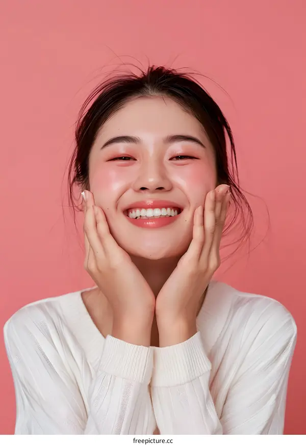 Beautiful Asian Woman Smiling With Hands On Face