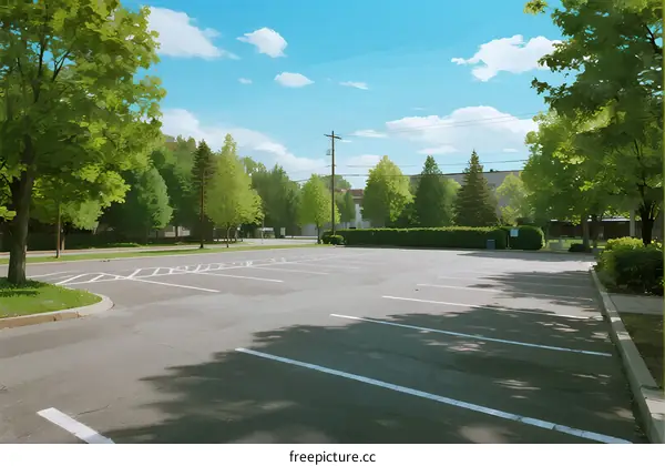 A sunny day view of an empty parking lot surrounded by green trees