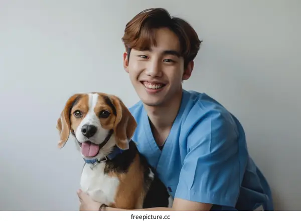 A smiling young male veterinarian with a beagle dog