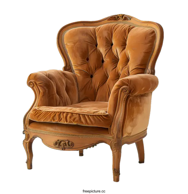 [Transparent Background PNG]Antique Brown Velvet Armchair with Ornate Wooden Frame