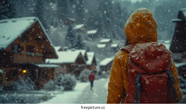 Snowy mountain village with a person in a yellow jacket and red backpack
