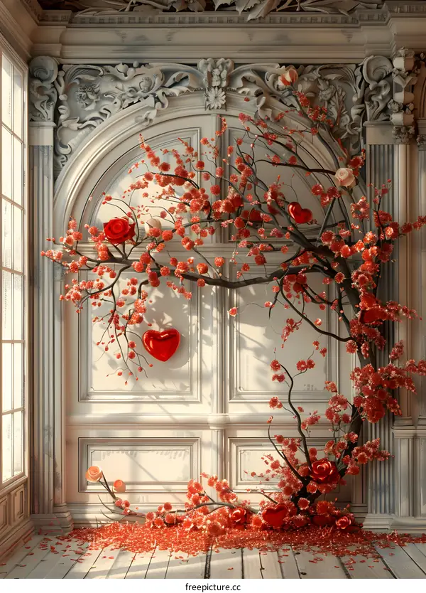 Red rose petals fall from a tree decorated with red flowers and heart-shaped ornaments