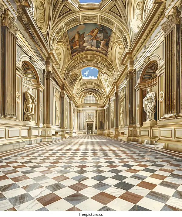 Checkerboard Floor in Ornate Hallway of a Cathedral