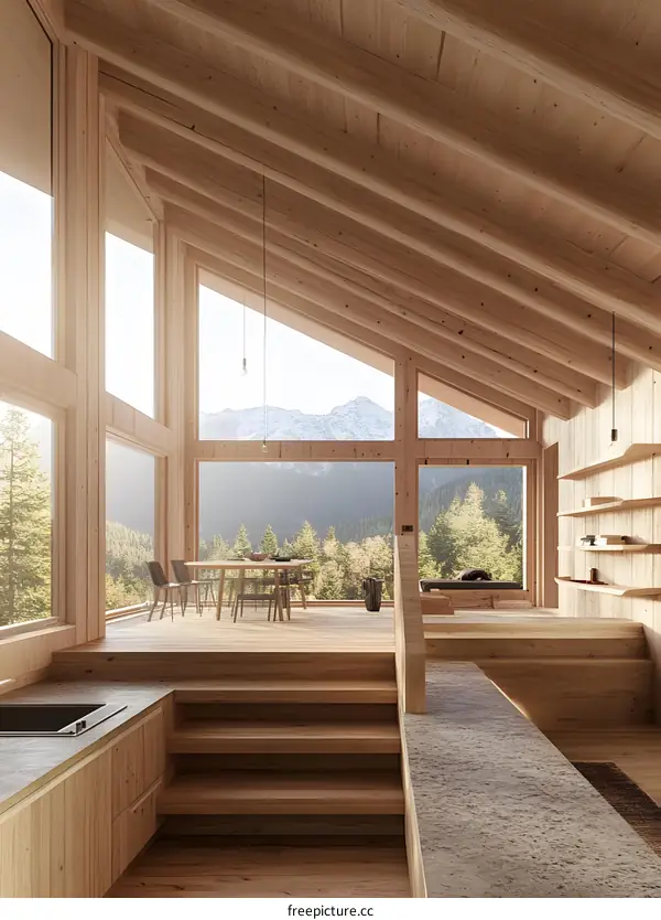 Modern Wooden Cabin Interior With Mountain View