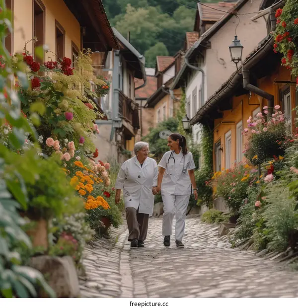 A young doctor walking with a senior woman in a cobblestone street